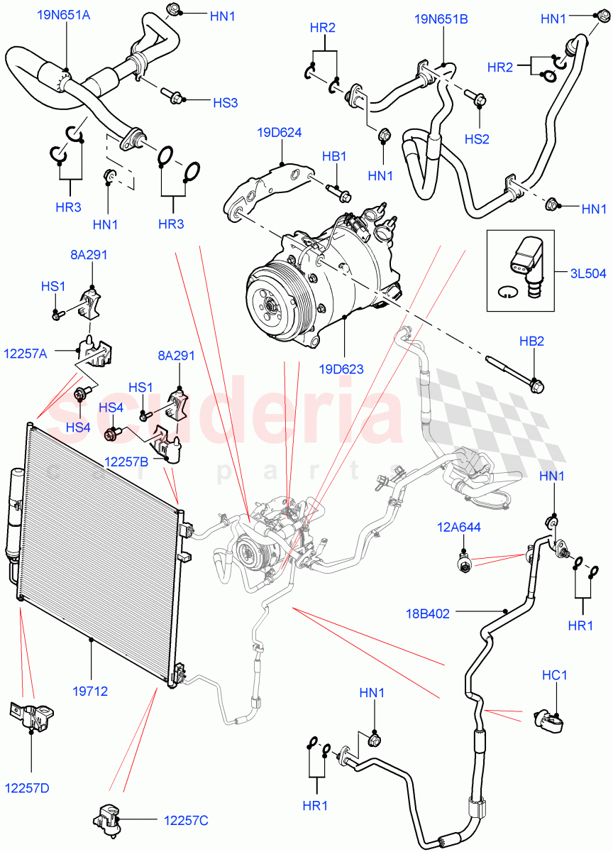 Air Conditioning Condensr/Compressr (Front, Solihull Plant Build) (3.0 V6 D Low MT ROW, 3.0 V6 D Gen2 Twin Turbo, 3.0 V6 D Gen2 Mono Turbo) ((V) FROMHA000001) of Land Rover Land Rover Discovery 5 (2017+) [2.0 Turbo Petrol AJ200P]