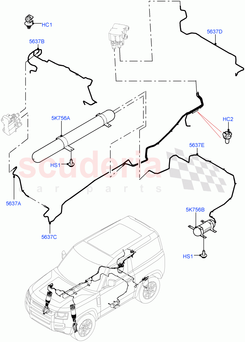 Air Suspension Compressor And Lines(Short Wheelbase,With Four Corner Air Suspension) of Land Rover Land Rover Defender (2020+) [2.0 Turbo Petrol AJ200P]