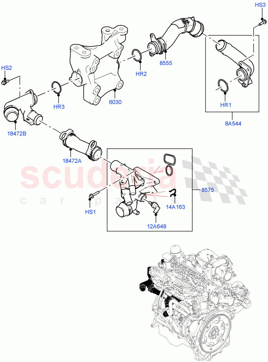 Thermostat/Housing & Related Parts(2.0L AJ21D4 Diesel Mid,Itatiaia (Brazil)) of Land Rover Land Rover Range Rover Evoque (2019+) [2.0 Turbo Diesel AJ21D4]