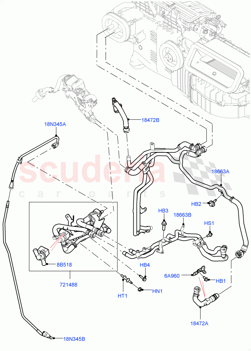 Heater Hoses (Solihull Plant Build) (2.0L I4 High DOHC AJ200 Petrol, Fuel Heater W/Pk Heat With Remote, Premium Air Conditioning-Front/Rear, Fuel Fired Heater With Park Heat, With Fuel Fired Heater) ((V) FROMKA000001) of Land Rover Land Rover Discovery 5 (2017+) [3.0 I6 Turbo Diesel AJ20D6]