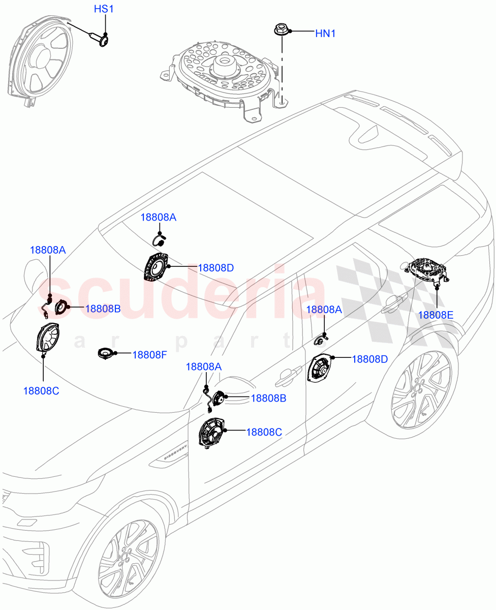 Speakers(Nitra Plant Build)(Hi Line Audio System - 600 W)((V)FROMK2000001) of Land Rover Land Rover Discovery 5 (2017+) [3.0 DOHC GDI SC V6 Petrol]