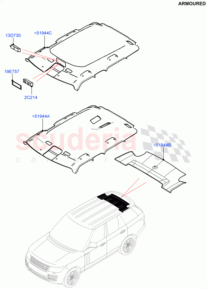 Headlining And Sun Visors(Armoured)((V)FROMEA000001) of Land Rover Land Rover Range Rover (2012-2021) [3.0 I6 Turbo Petrol AJ20P6]