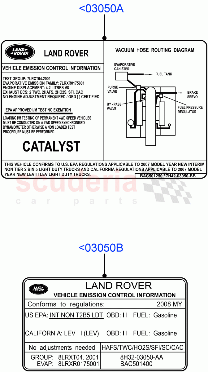 Labels(Warnings And Emissions)((V)TO9A999999) of Land Rover Land Rover Range Rover Sport (2005-2009) [4.4 AJ Petrol V8]