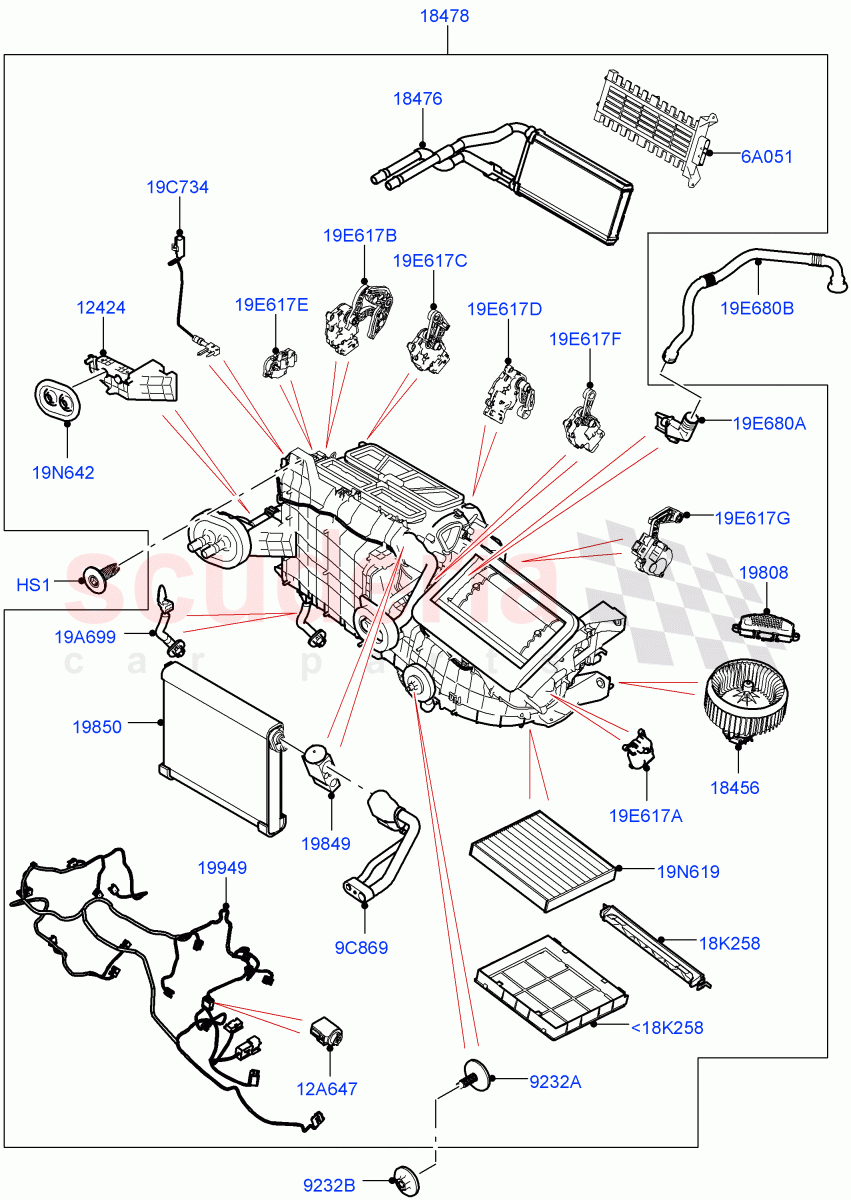 Heater/Air Cond.Internal Components(Heater Main Unit)(Premium Air Conditioning-Front/Rear)((V)TOLA999999) of Land Rover Land Rover Range Rover Velar (2017+) [3.0 I6 Turbo Diesel AJ20D6]