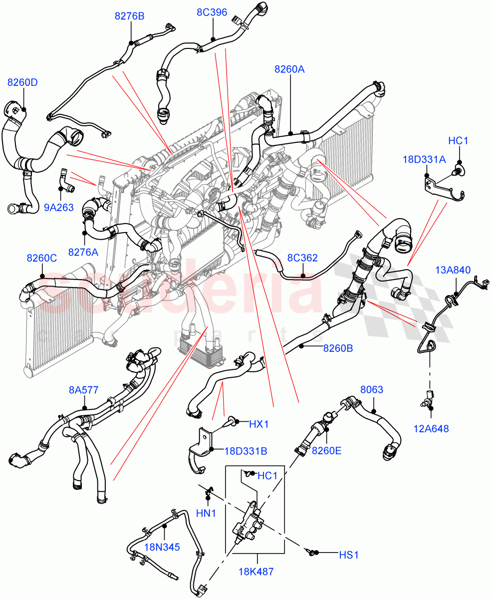 Cooling System Pipes And Hoses(2.0L I4 Mid DOHC AJ200 Petrol,With Extra Engine Cooling System,2.0L I4 High DOHC AJ200 Petrol) of Land Rover Land Rover Range Rover Velar (2017+) [2.0 Turbo Petrol AJ200P]