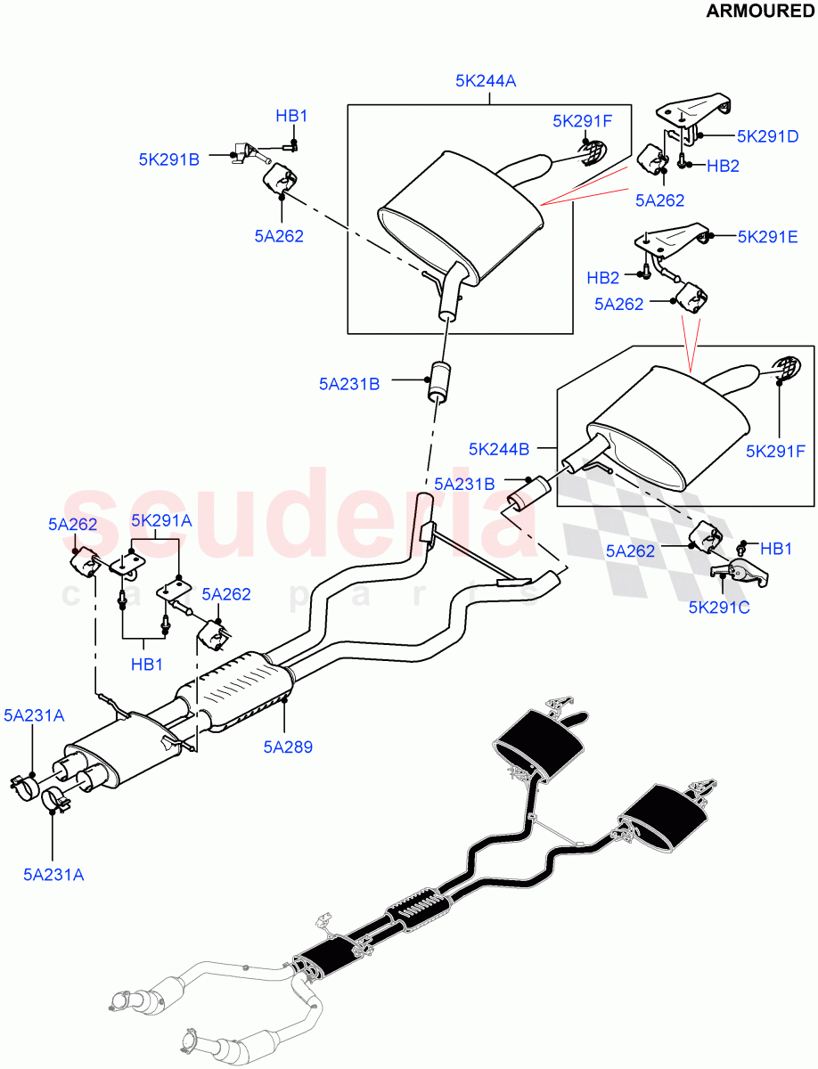Rear Exhaust System (5.0 Petrol AJ133 DOHC CDA, Armoured) ((V) FROMJA000001) of Land Rover Land Rover Range Rover (2012-2021) [5.0 OHC SGDI SC V8 Petrol]