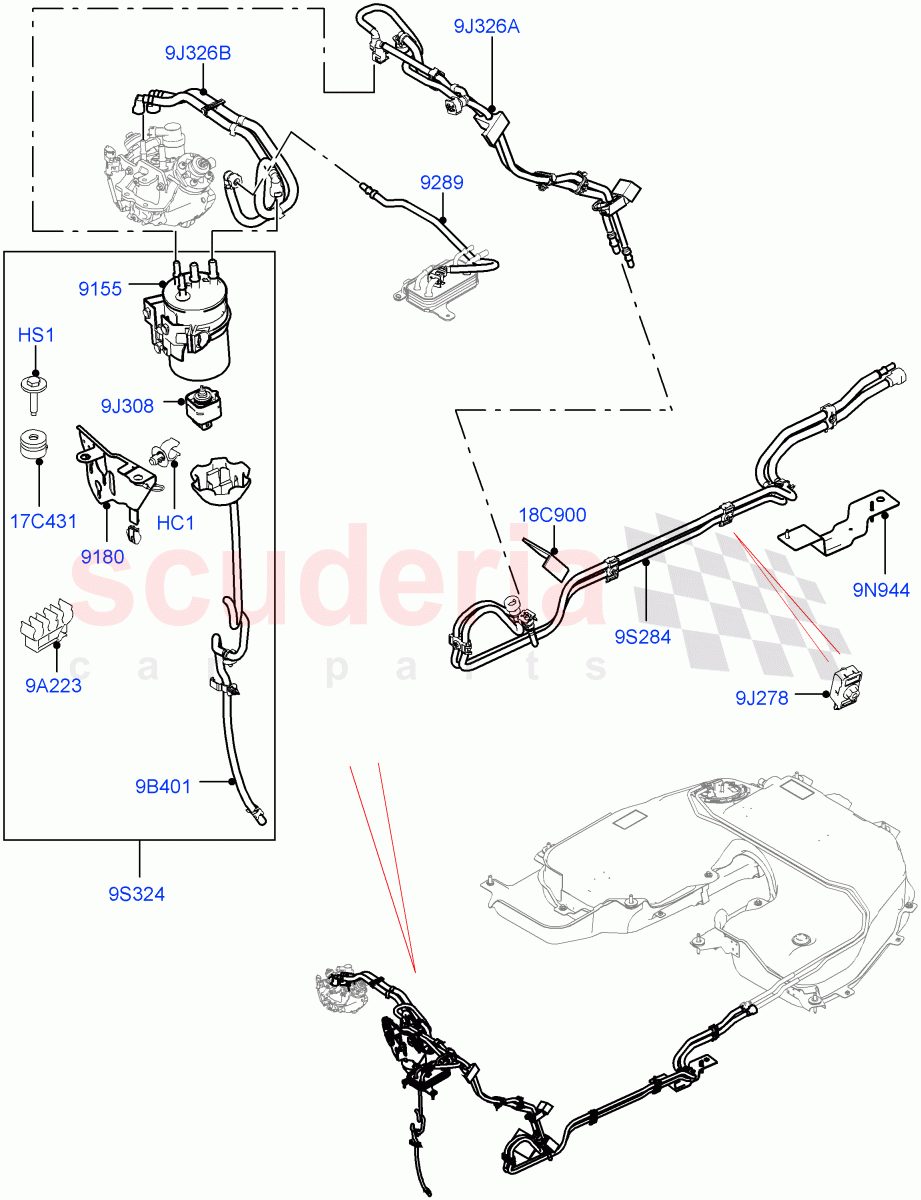 Fuel Lines(Solihull Plant Build, Front)(3.0 V6 D Gen2 Mono Turbo,3.0 V6 D Gen2 Twin Turbo,3.0 V6 D Low MT ROW)((V)FROMHA000001) of Land Rover Land Rover Discovery 5 (2017+) [3.0 Diesel 24V DOHC TC]