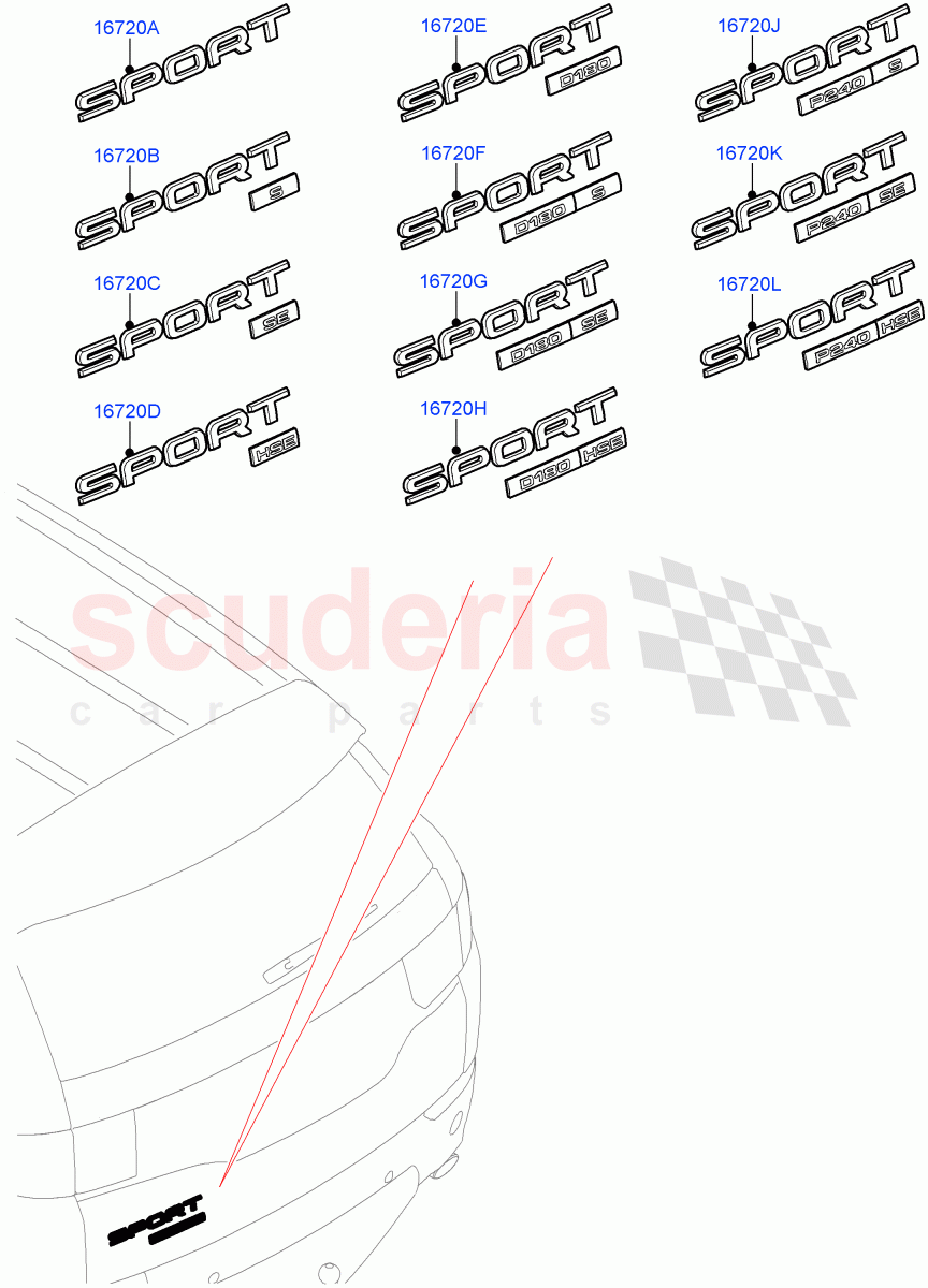 Name Plates(Halewood (UK),Less Engine Power Badge,Badge-Engine Power Diesel 180 PS,Badge-Engine Power Diesel 240 PS)((V)FROMLH000001) of Land Rover Land Rover Discovery Sport (2015+) [2.0 Turbo Diesel]