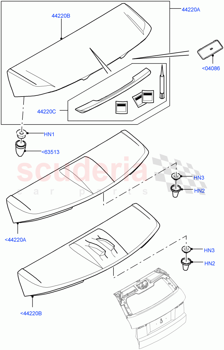 Spoiler And Related Parts(3 Door,Halewood (UK),With Roof Spoiler-Union Flag Mono,With Roof Spoiler-Union Flag Colour,5 Door,With Roof Spoiler - Painted Black,With Roof Spoiler,Less Roof Spoiler)((V)TOGH999999) of Land Rover Land Rover Range Rover Evoque (2012-2018) [2.0 Turbo Petrol AJ200P]