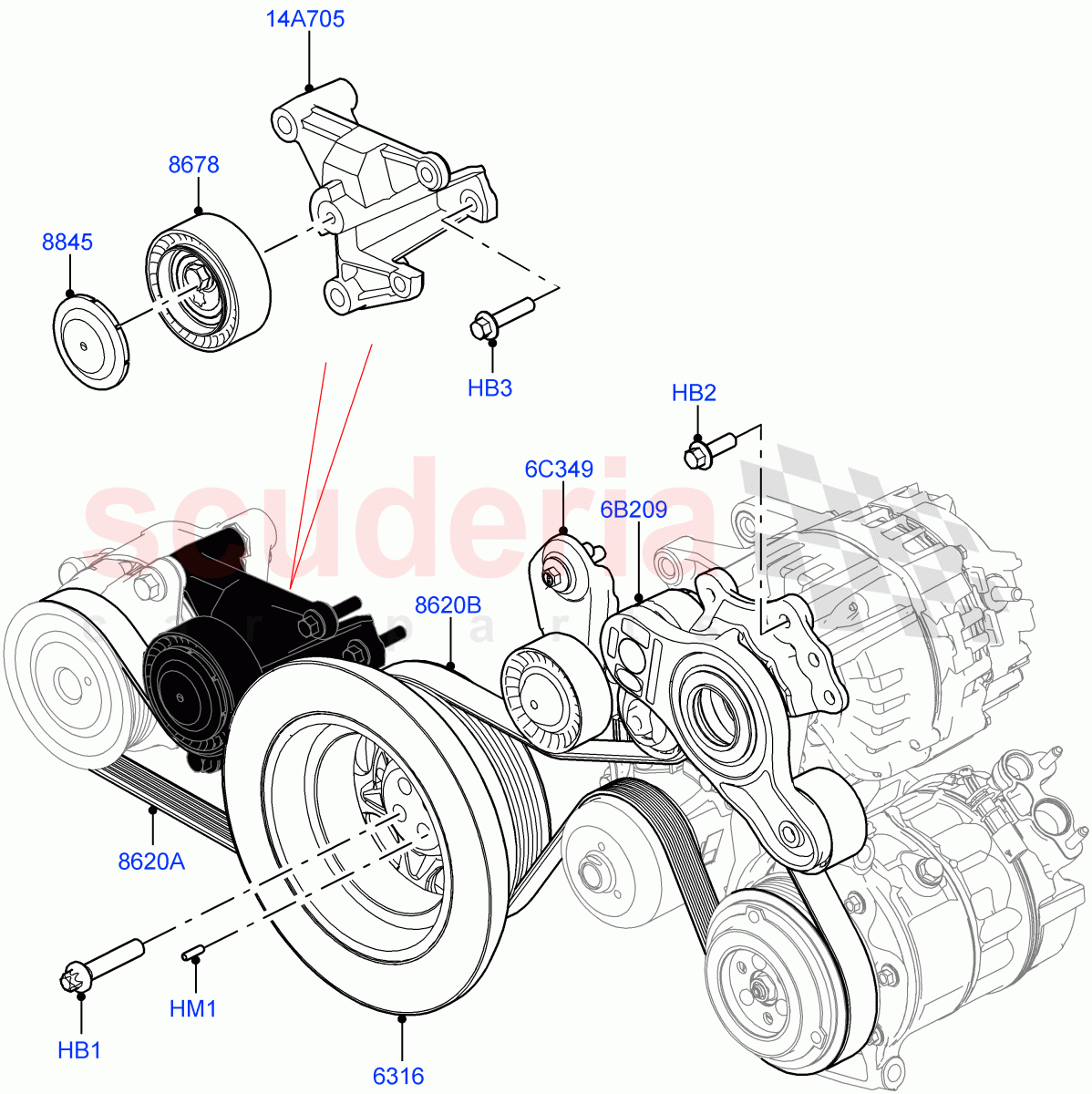 Pulleys And Drive Belts (3.0L AJ20D6 Diesel High, Electronic Air Suspension With ACE) ((V) FROMLA000001) of Land Rover Land Rover Range Rover (2012-2021) [3.0 I6 Turbo Diesel AJ20D6]