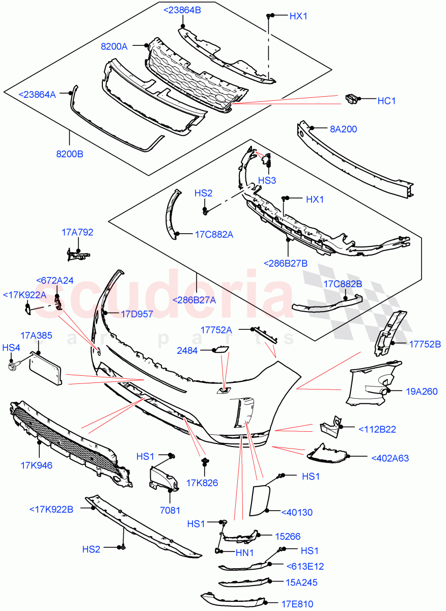 Radiator Grille And Front Bumper(Standard Wheelbase,Changsu (China),Front Bumper - Painted Body Colour) of Land Rover Land Rover Range Rover Evoque (2019+) [1.5 I3 Turbo Petrol AJ20P3]