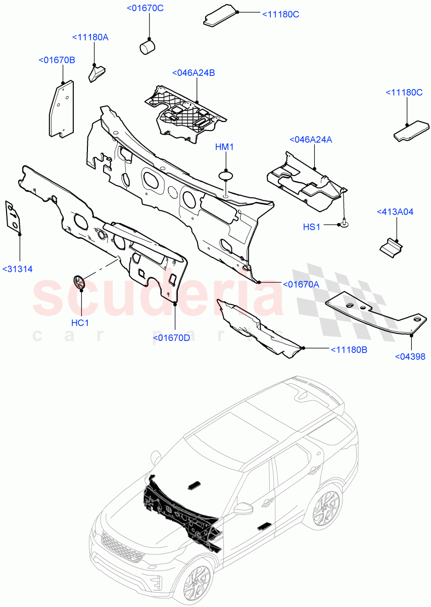 Insulators - Front(Passenger Compartment, Solihull Plant Build)((V)FROMHA000001) of Land Rover Land Rover Discovery 5 (2017+) [3.0 I6 Turbo Petrol AJ20P6]