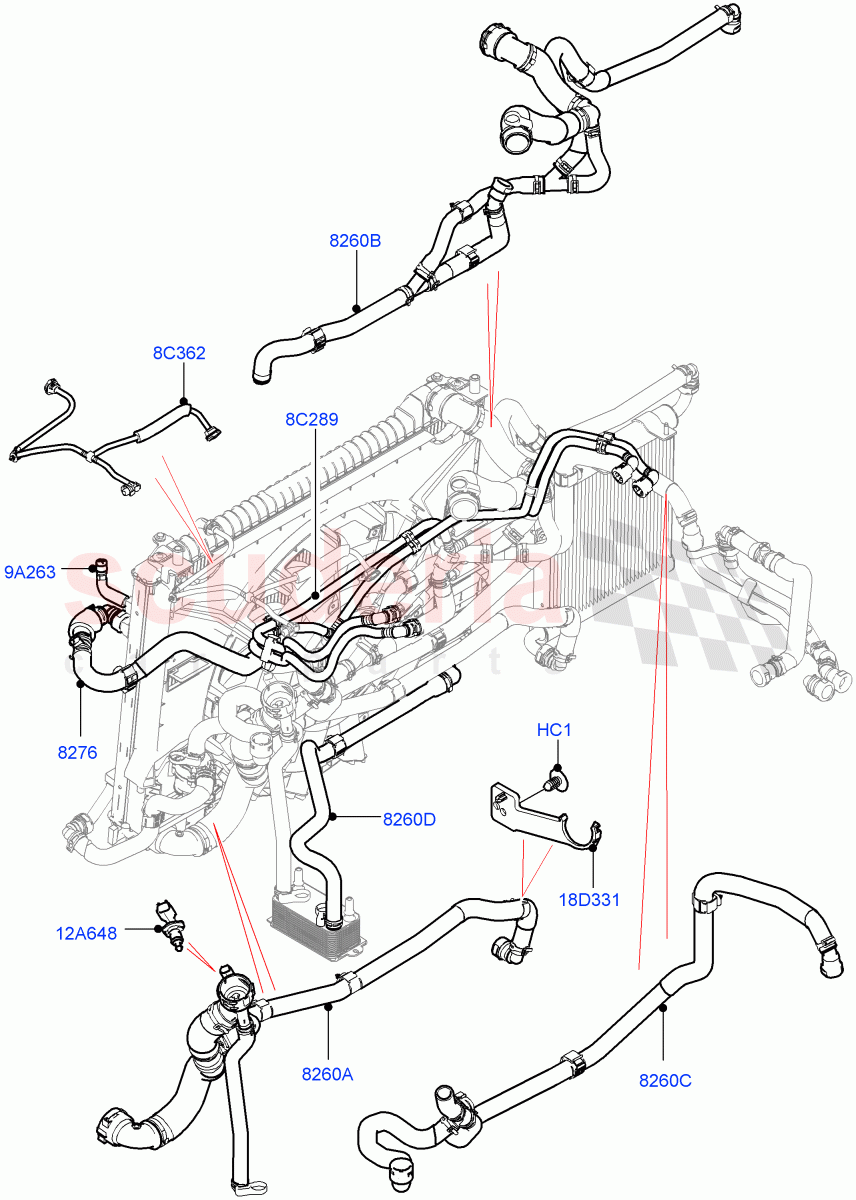 Cooling System Pipes And Hoses(3.0L DOHC GDI SC V6 PETROL,With Standard Engine Cooling System,Less Active Tranmission Warming) of Land Rover Land Rover Range Rover Velar (2017+) [3.0 DOHC GDI SC V6 Petrol]