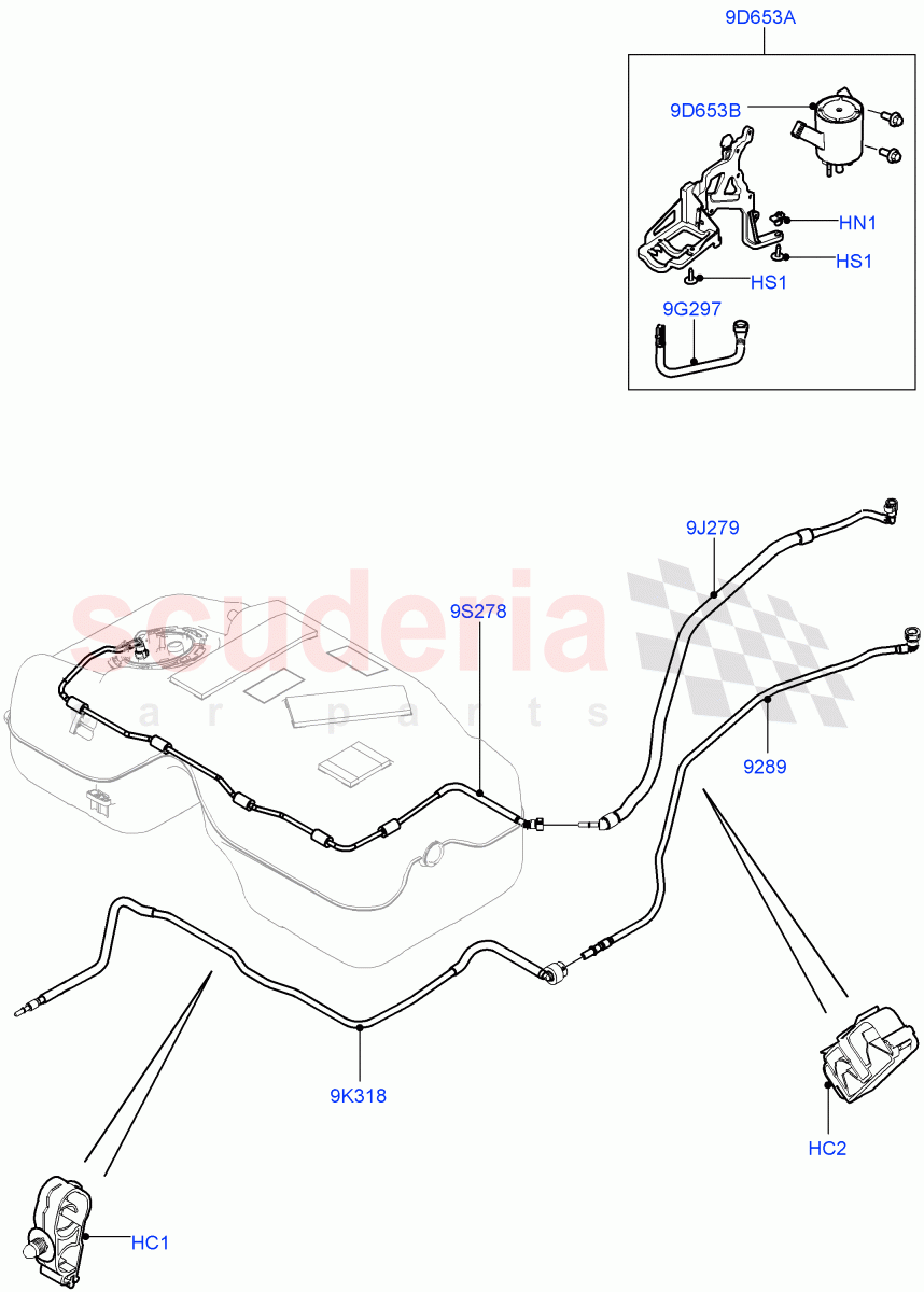 Fuel Lines(Rear)(2.0L I4 Mid DOHC AJ200 Petrol,(-)"CDN/MEX/USA",Fuel Tank Filler Neck - Unleaded,2.0L I4 High DOHC AJ200 Petrol,2.0L I4 Mid AJ200 Petrol E100)((V)FROMJH000001,(V)TOJH999999) of Land Rover Land Rover Discovery Sport (2015+) [2.0 Turbo Petrol AJ200P]