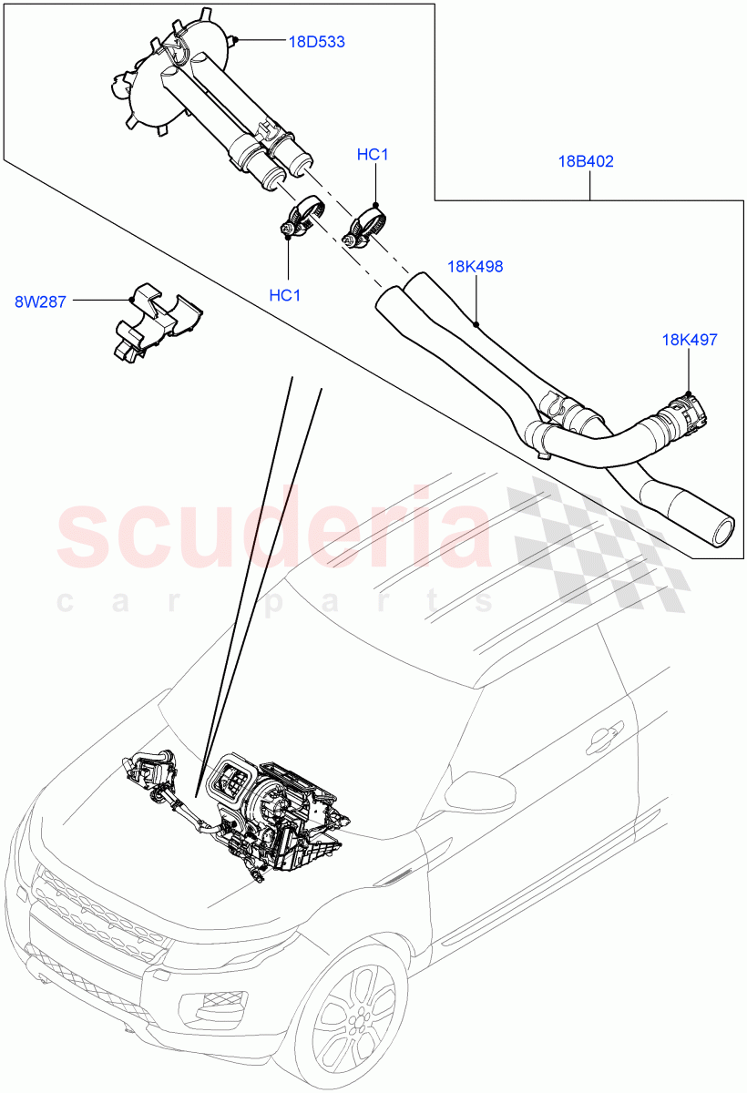 Auxiliary Heater Hoses (2.0L 16V TIVCT T/C 240PS Petrol, Halewood (UK), With Fuel Fired Heater, 2.2L CR DI 16V Diesel, Fuel Fired Heater With Park Heat, 2.0L 16V TIVCT T/C Gen2 Petrol, 2.0L I4 DSL MID DOHC AJ200, Fuel Heater W/Pk Heat With Remote) of Land Rover Land Rover Range Rover Evoque (2012-2018) [2.0 Turbo Diesel]