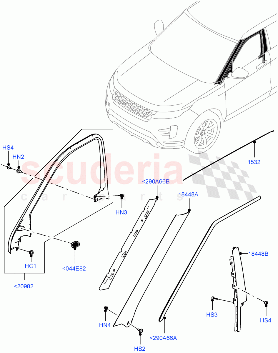 Front Doors, Hinges & Weatherstrips(Finishers)(Halewood (UK)) of Land Rover Land Rover Range Rover Evoque (2019+) [1.5 I3 Turbo Petrol AJ20P3]