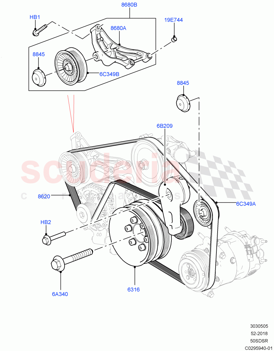 Pulleys And Drive Belts (Primary Drive) (5.0 Petrol AJ133 DOHC CDA, With Four Corner Air Suspension, 5.0L P AJ133 DOHC CDA S/C Enhanced, With Performance Suspension) ((V) FROMKA000001) of Land Rover Land Rover Range Rover (2012-2021) [5.0 OHC SGDI SC V8 Petrol]