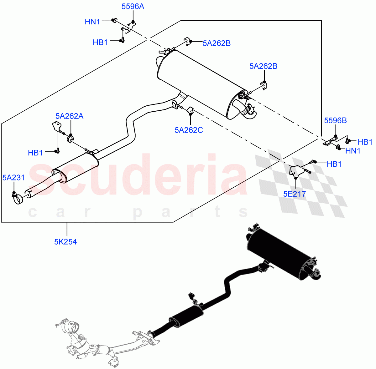 Rear Exhaust System (2.0L AJ20P4 Petrol Mid PTA, Itatiaia (Brazil), 2.0L AJ20P4 Petrol E100 PTA) of Land Rover Land Rover Range Rover Evoque (2019+) [2.0 Turbo Petrol AJ200P]