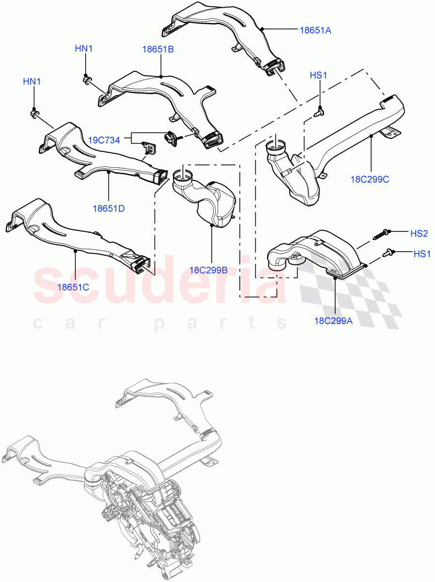 Air Vents, Louvres And Ducts(Internal Components, Under Rear Seat)(Premium Air Con Hybrid Front/Rear,With Air Conditioning - Front/Rear)((V)FROMJA000001,(V)TOJA999999) of Land Rover Land Rover Range Rover (2012-2021) [3.0 Diesel 24V DOHC TC]