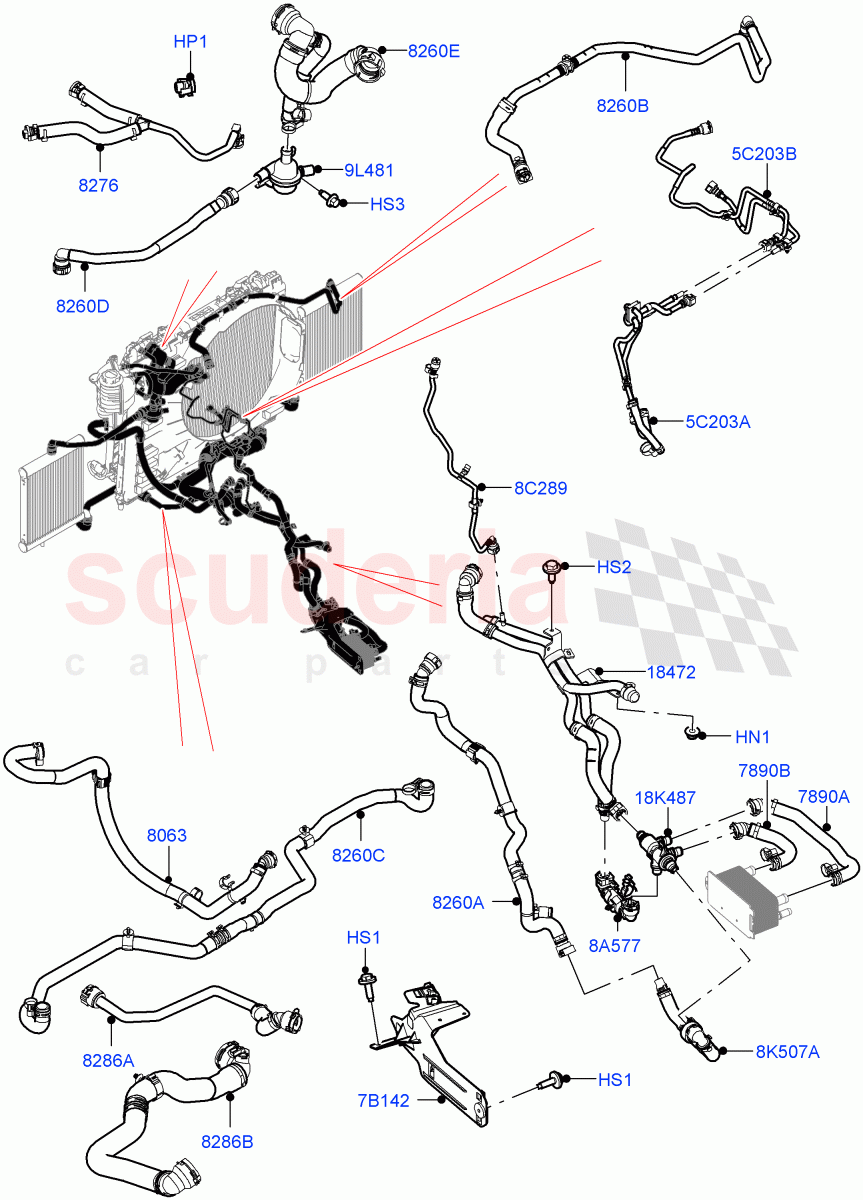 Cooling System Pipes And Hoses (3.0L AJ20P6 Petrol High) ((V) FROMKA000001) of Land Rover Land Rover Range Rover Sport (2014+) [3.0 I6 Turbo Petrol AJ20P6]