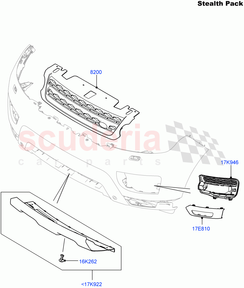 Radiator Grille And Front Bumper(Tow Eye Cover - Satin Black,Stealth Pack)((V)FROMFA000001,(V)TOHA999999) of Land Rover Land Rover Range Rover Sport (2014+) [3.0 Diesel 24V DOHC TC]