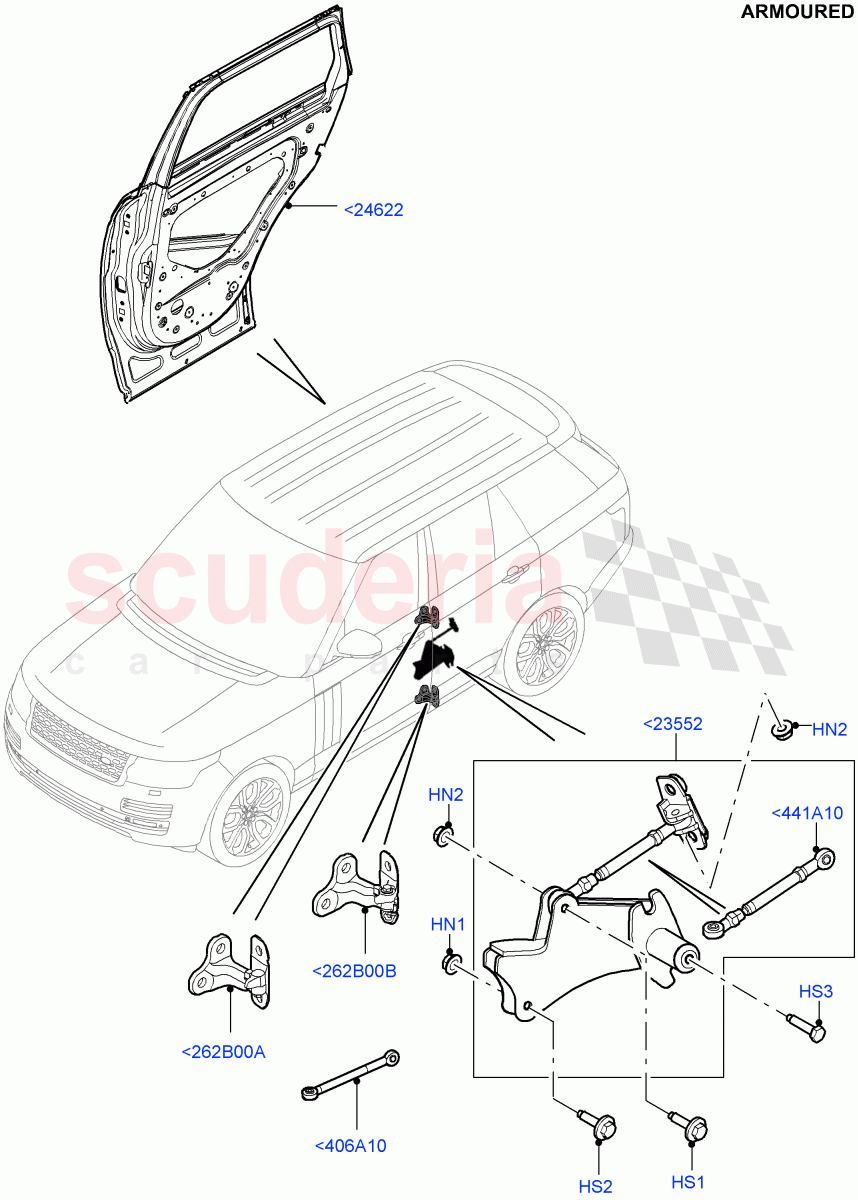 Rear Doors, Hinges & Weatherstrips(Armoured)((V)FROMEA000001) of Land Rover Land Rover Range Rover (2012-2021) [5.0 OHC SGDI SC V8 Petrol]