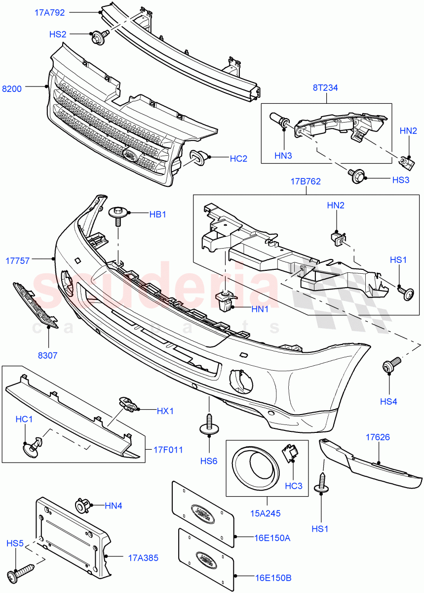 Radiator Grille And Front Bumper ((V) TO9A999999) of Land Rover Land Rover Range Rover Sport (2005-2009) [3.6 V8 32V DOHC EFI Diesel]