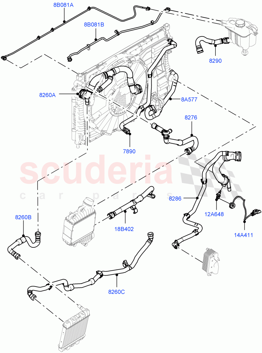 Cooling System Pipes And Hoses (2.0L AJ20P4 Petrol Mid PTA, Changsu (China), Extra High Engine Cooling, Less Active Tranmission Warming) of Land Rover Land Rover Range Rover Evoque (2019+) [2.0 Turbo Petrol AJ200P]