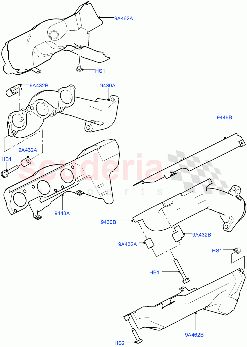 Exhaust Manifold (Solihull Plant Build) (3.0L DOHC GDI SC V6 PETROL, ULEV II Requirements, Proconve L6 Emissions, Japan Requirements, SULEV Requirements, EU6 Emissions, EU2, Stage V European Emissions, Euro Stage 4 Emissions) ((V) FROMEA000001) of Land Rover Land Rover Discovery 5 (2017+) [3.0 DOHC GDI SC V6 Petrol]